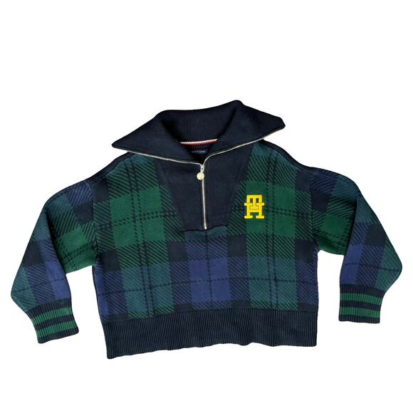 Tommy Hilfiger Blue Green Plaid Tartan Yellow Logo Quarter Zip Sweater size L - Picture 13 of 13